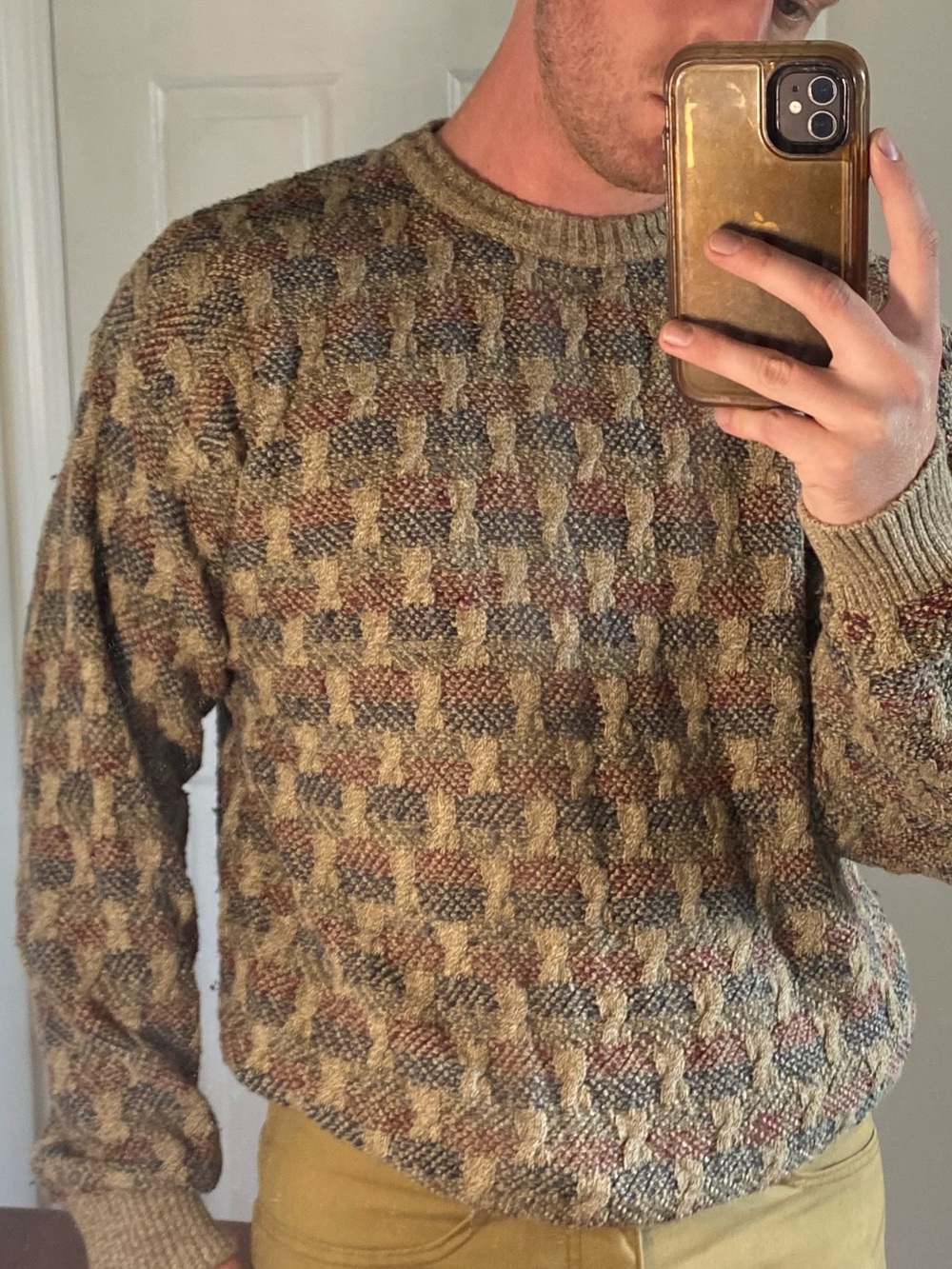 Men's Crewneck Textured Knit Sweater in Multicolor Earth Tones